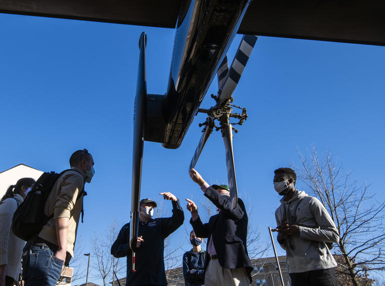 Mechanical engineering students get a close-up look at the Bell helicopter
