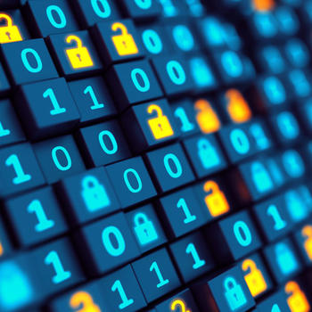 Binary code in blue and yellow font colors showing cybersecurity being unlocked