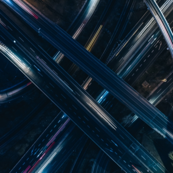 Drone image of highway traffic at night